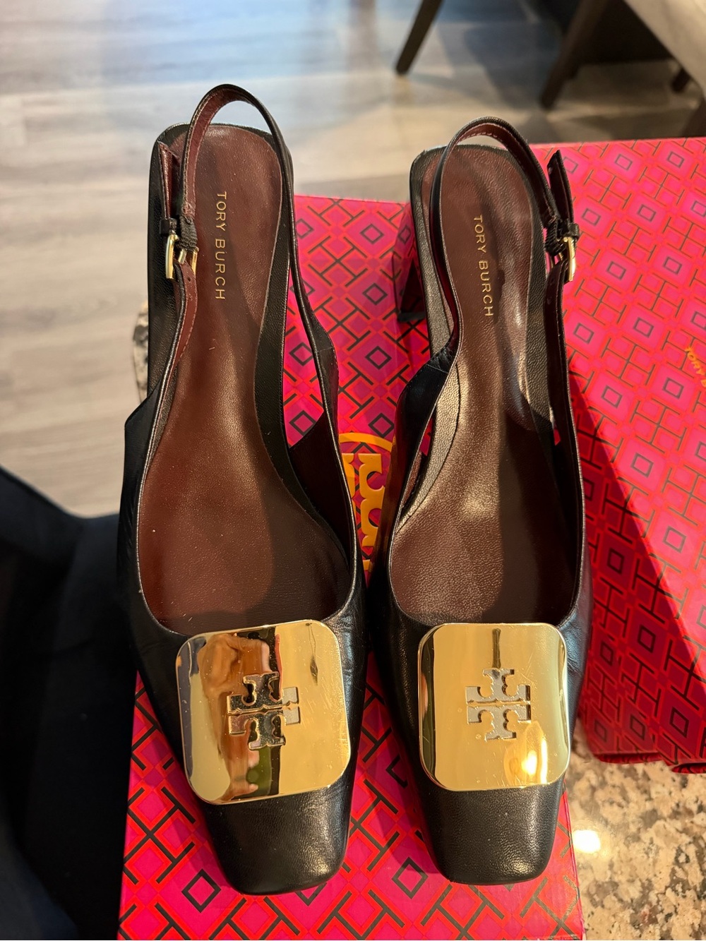 Tory Burch Black Leather Slingback Pumps with Gold Logo Plaque - Picture 3 of 5